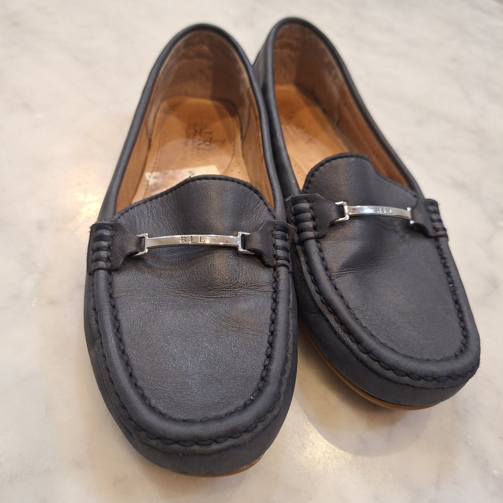 Lauren Ralph Lauren Briony Loafers Wom 7B Navy Blue Leather Driver Shoes Preppy